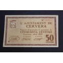 1937- CERVERA - 50 CENTIMOS - LLEIDA -BILLETE