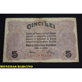 1917 -  RUMANIA -ROMANIA  - 5 LEI - BILLETE - BANKNOTE
