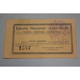 1938 - POBLA DE SEGUR - 5 PESETA - LLEIDA -LERIDA - BILLETE