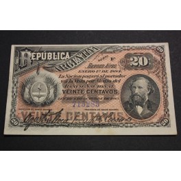 1884- ARGENTINA - 20 CENTAVOS - ROCA Y CASARES - BILLETE - BANKNOTE