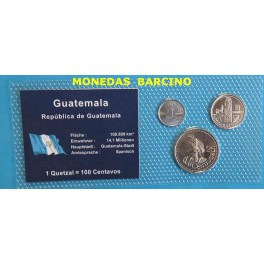 2000 - GUATEMALA - 1 QUETZAL- 5 - 10 - 25 CENTAVOS AMERICA - 3 MONEDAS COINCARD