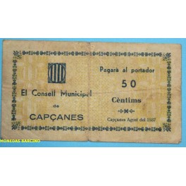 1937 - CAPÇANES - 50 CENTIMOS - TARRAGONA - BILLETE DE PUEBLO