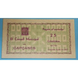 1937 - CAPÇANES - 25 CENTIMOS - TARRAGONA - BILLETE PUEBLO