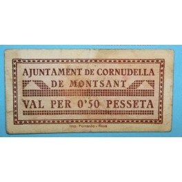 CORNUDELLA DE MONTSANT - 0,50 PESETA - TARRAGONA -BILLETE PUEBLO