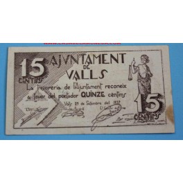 1937 - VALLS - 15 CENTIMOS - TARRAGONA - BILLETE PUEBLO