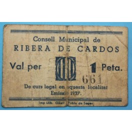 1937 - RIBERA DE CARDOS - 1 PESETA - LLEIDA - BILLETE PUEBLO-monedasbarcino.com