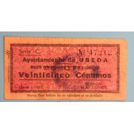 UBEDA - JAEN-1937 UBEDA - JAEN - 25 CENTIMOS - BILLETE PAPEL MONEDA 