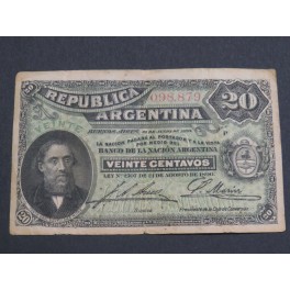 1895 ARGENTINA - 20 CENTAVOS-  BARTOLOMEO MITRE- BILLETE - BANKNOTE