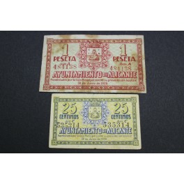 1938 - ALICANTE - 25 CENTIMOS - 1 PESETA - 2 BILLETES PAPEL MONEDA