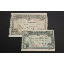 1937 - BILBAO  - 5 y 25 PESETA - 2 BILLETES PAPEL MONEDA
