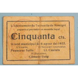 1937 - TORROELLA DE MONTGRI - 50 CENTIMOS - GIRONA - BILLETE PUEBLO