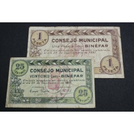 1937 -  BINEFAR  - HUESCA - 25 CENTIMOS - 1 PESETA  - BILLETE PAPEL MONEDA-monedasbarcino