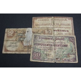 PINS DEL VALLES, SABADELL, VALLFOGONA DE RIUCORP 50 CTS 1937 S