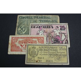 1937 -BANYOLES-, GRANOLLERS-, TERRASSA,- TREMP -20 + 25 + 50 CENTIMOS - PAPEL MONEDA