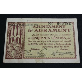 1938 - AGRAMUNT-  LERIDA - 50 CENTIMOS - BILLETE PAPEL MONEDA