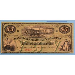 1869 - ARGENTINA - 5 PESOS - BOLIVIANOS - BILLETE - BANKNOTE