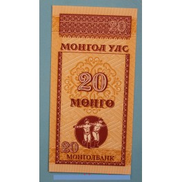 1993 MONGOLIA -20 MONGO - BILLETE - BANKNOTE