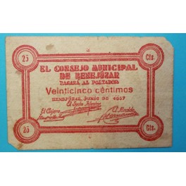 1937 - BENEJÚZAR - 25 CENTIMOS - BILLETE PAPEL MONEDA ALICANTE