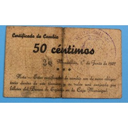 1937 MONTALBÁN - TERUEL - 50 CENTIMOS - BILLETE MONEDA LOCAL 1937 MONTALBÁN - TERUEL - 50 CENTIMOS - BILLETE MONEDA LOCAL