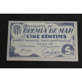 1937 -PREMIA DE MAR- 5 CENTIMOS - BARCELONA -BILLETE PAPEL MONEDA
