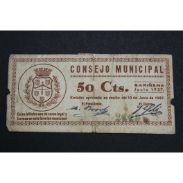 1937 - SARIÑENA -50 CENTIMOS- HUESCA - BILLETE PAPEL MONEDA