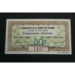 1937-LA BISBAL DEL PENEDES - 50 CENTIMOS -TARRAGONA- BILLETE PAPEL MONEDA