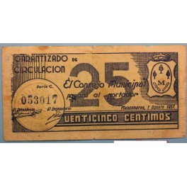 1937 MANZANARES -CIUDAD REAL- 25 CENTIMOS -BILLETE PAPEL MONEDA