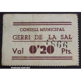 1937- GERRI DE LA SAL -LLEIDA - 0,20 CENTIMOS - BILLETE PAPEL MONEDA