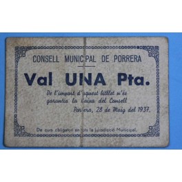 1937 - PORRERA - 1 PESETA - TARRAGONA - BILLETE PUEBLO-monedasbarcino.com
