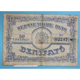 1936 - BENIFAYÓ-  VALENCIA - 50 centimos - BILLETE PAPEL MONEDA