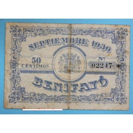 1936 - BENIFAYÓ-  VALENCIA - 50 centimos - BILLETE PAPEL MONEDA