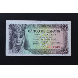 1943 - ISABEL CATOL - SIN SERIE  - BANCO ESPAÑA- 5 PESETAS