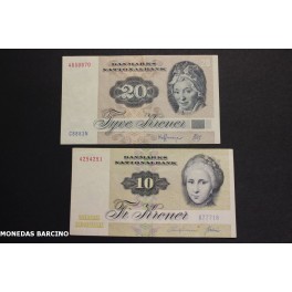 1977-1987- DINAMARCA - 10-20 KRONER- 2 BILLETES