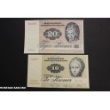 1977-1987- DINAMARCA - 10-20 KRONER- 2 BILLETES