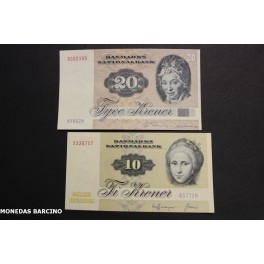 1977-1987- DINAMARCA - 10-20 KRONER- 2 BILLETES