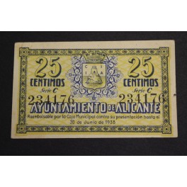 1938- ALICANTE - 25 CENTIMOS - BILLETE PAPEL MONEDA