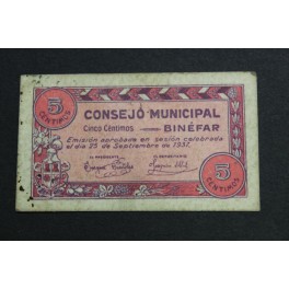 1937- BINEFAR -HUESCA - 5 CENTIMOS - BILLETE