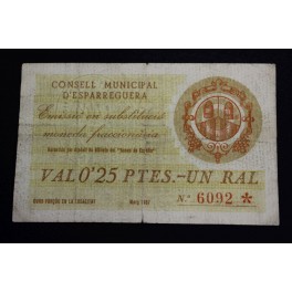 1937- ESPARRAGUERA -25 CENTIMOS - BARCELONA - BILLETE
