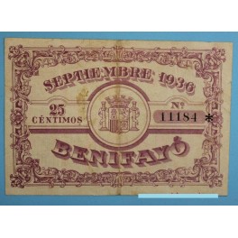 1936 -BENIFAYÓ - VALENCIA - 25 CENTIMOS - BILLETE PAPEL MONEDA