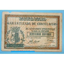 1937- CARCAGENTE- VALENCIA - 25 CENTIMOS - BILLETE PAPEL MONEDA