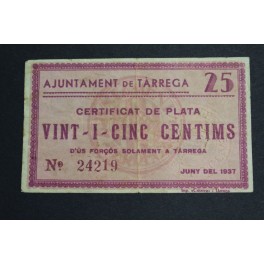 1937- TARREGA - LLEIDA - 25 CENTIMOS - BILLETE 