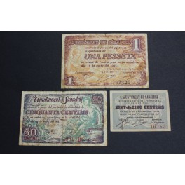 1937- SABADELL - BARCELONA - CENTIMOS-PESETA - 3 BILLETES