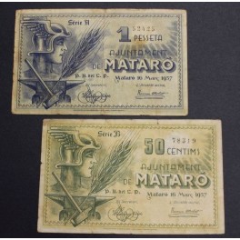 1937- MATARO -BARCELONA -CENTIMOS- PESETA - 2 BILLETES