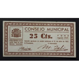1937- FONZ - HUESCA - 25 CENTIMOS - BILLETE