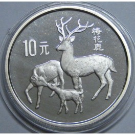 1989- CIERVO - 10 YUAN - CHINA - ONZA - PLATA
