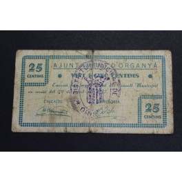 1937- ORGANYA - LLEIDA - 25 CENTIMOS- BILLETE