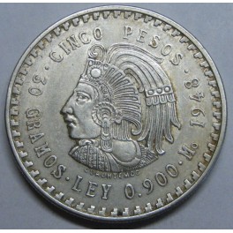 1948- CUAUHTEMOC - 5 PESOS - MEXICO- PLATA