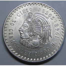 1948- CUAUHTEMOC - 5 PESOS - MEXICO- PLATA