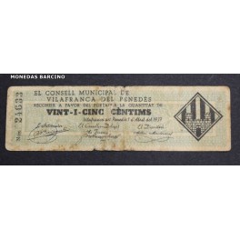 1937-VILAFRANCA PENEDES-BARCELONA - 25 CENTIMOS