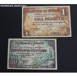 1937- SABADELL - 1 PESETA -50 CENTIMOS- BARCEONA - 2 billetes 